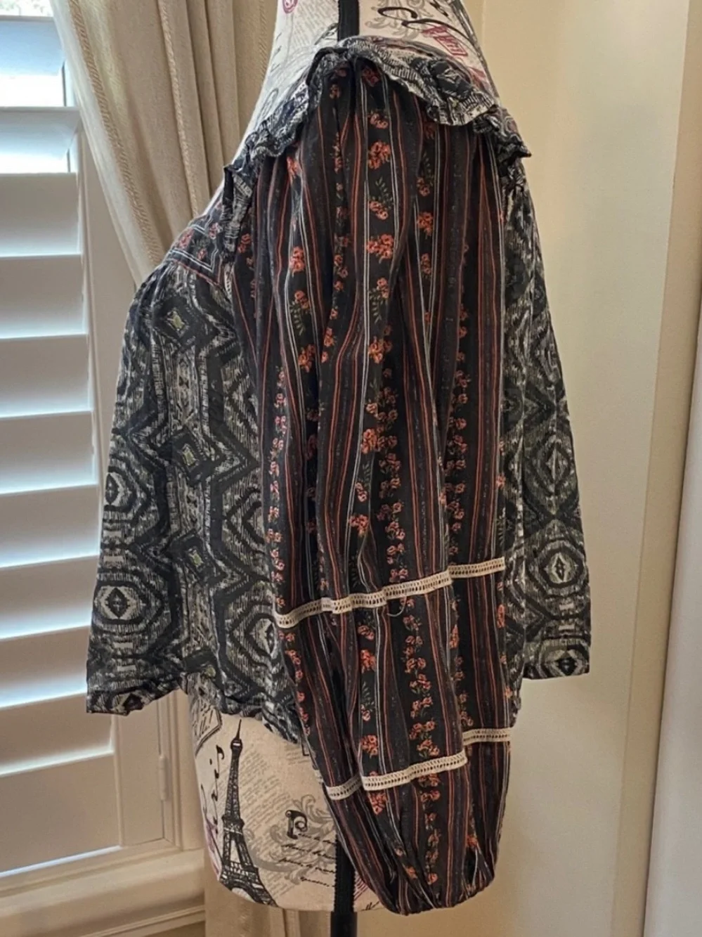 Free People XS Boho Peasant Top Mixed Print Square Neck Navy